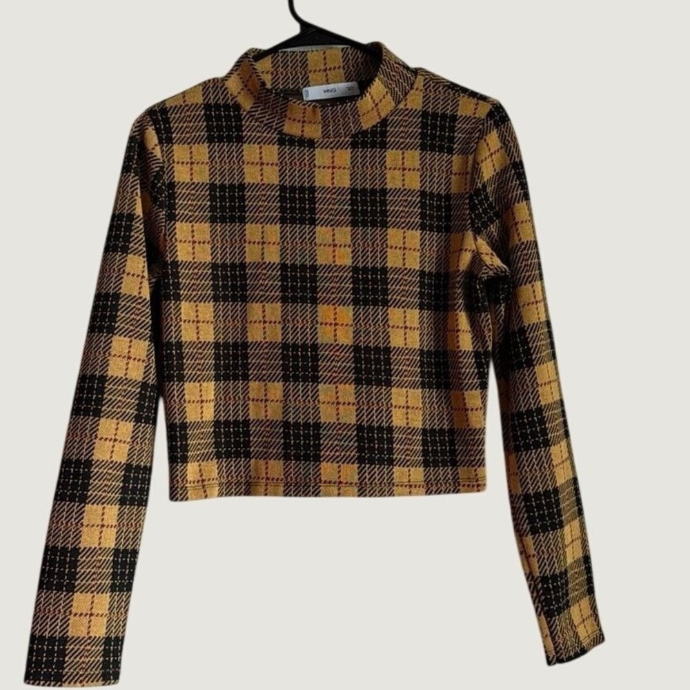 MNG Mango Plaid Crop Top Size L Mock Neck Knit Sweater Yellow Black Long Sleeve
